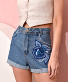 short jeans bordado flor azul