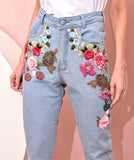 calça jeans flores